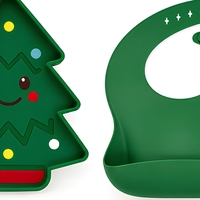 Ensemble d'alimentation pour bébé en silicone vert, comprenant assiette, bavoir, tasse à paille, bol, cuillère, fourchette et distributeur de nourriture, motif sapin de Noël, pour repas d'enfants