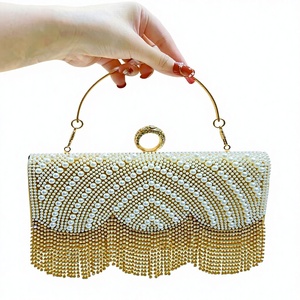 New Cross-border Women's Polyester Urban Simplicity Chinese-style Pearl Rhinestone Evening <b>Clutch</b> Tassel Handbag Tanjing - Product Image 6