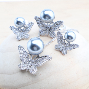 Perles papillon 925 argent Sterling femmes ensembles de bijoux mariage topaze blanche Zircon boucles d'oreilles de mariée anneau pendentif collier ensemble - Product Image 3