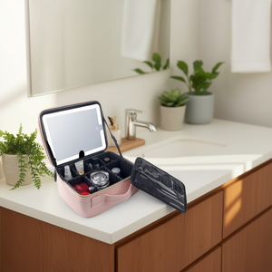 Bolsa de maquillaje portátil de alta capacidad para viaje con correa, estuche cosmético multicapa para mujer, incluye espejo rosa - Product Image 2