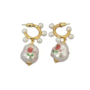 美式18 k耳环复古巴洛克珍珠耳环珠宝金银箍花玫瑰耳环女性耳环