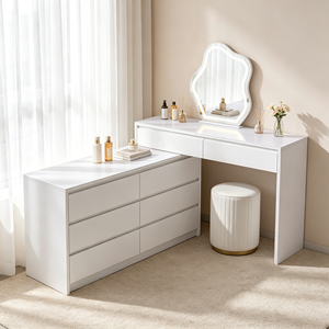 Coiffeuse moderne blanche avec miroir LED, meuble de rangement et tabouret pour chambre à coucher - Product Image 4