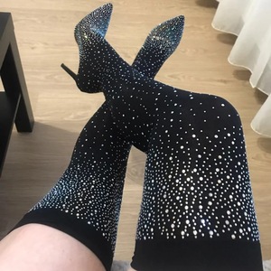 Botas Largas De Mujer Large Size 43 Sexy Long Over Knee Elastic Knit Stiletto <b>Heel</b> Thigh High Boots for Ladies - Product Image 1