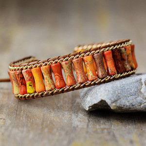 Bracelet tressé en perles d'agate orange beige, bijoux unisexes, faits à la main, style bohème - Product Image 2