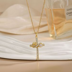 Waterproof 18K Gold-plated Stainless Steel <strong>Cross</strong> Pendant Necklace <strong>with</strong> Zircon Romantic Link <strong>Chain</strong> Women's Jewelry Gift - Product Image 6
