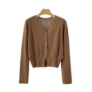 Cárdigan de <span class=keywords><strong>manga</strong></span> larga para <span class=keywords><strong>mujer</strong></span> al por mayor de fábrica, suéter básico de Color sólido con cuello en V, cárdigan de punto fino informal con frente abierto - Product Image 1