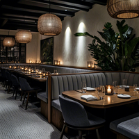 Ensemble de mobilier de restaurant commercial Ron Group : table carrée en bois, chaise personnalisée en tissu, banquette en forme de L