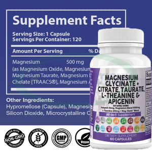 Mezcla en Cápsulas 12 en 1 de Glicinato, Citrato y Taurato de Magnesio con <span class=keywords><strong>L</strong></span>-Teanina y Apigenina 500 mg Suplemento Alimenticio Complejo de Magnesio en Cápsulas - Product Image 3