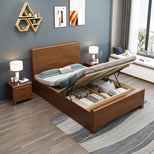Lit en bois massif de style chinois avec rangement, 1,8 m, meubles de chambre à coucher pour adultes et personnes âgées - Product Image 2