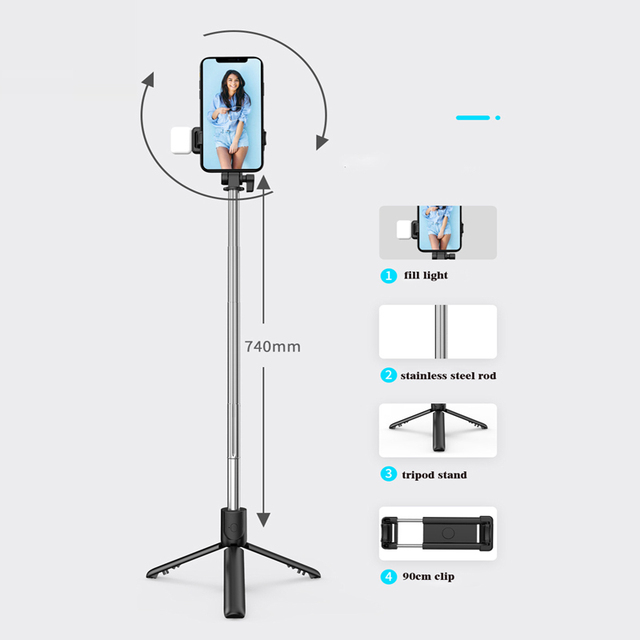 Tiktok Hot Outdoor Selfie Stick Tripod Stand Adjust Height Holder 360 Rotation Clip with Light Remote