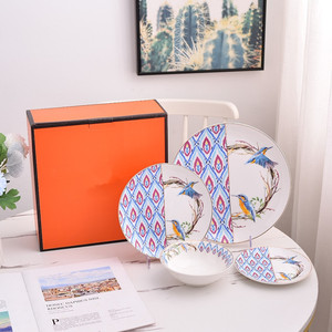 Wholesale Modern Luxury Bone China <b>Dinnerware</b> Set Sustainable Fuzzy Pattern Ceramic Gold Rim Plate Dish for Home Wedding Party - Product Image 1