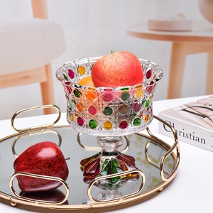 Cuenco de Cristal Decorativo de Mesa con Base Alta, Diseño de Diamantes, Pintado a Mano con Puntos Coloridos, Gran Copa de Cristal para Dulces, Frutas y Aperitivos - Product Image 4