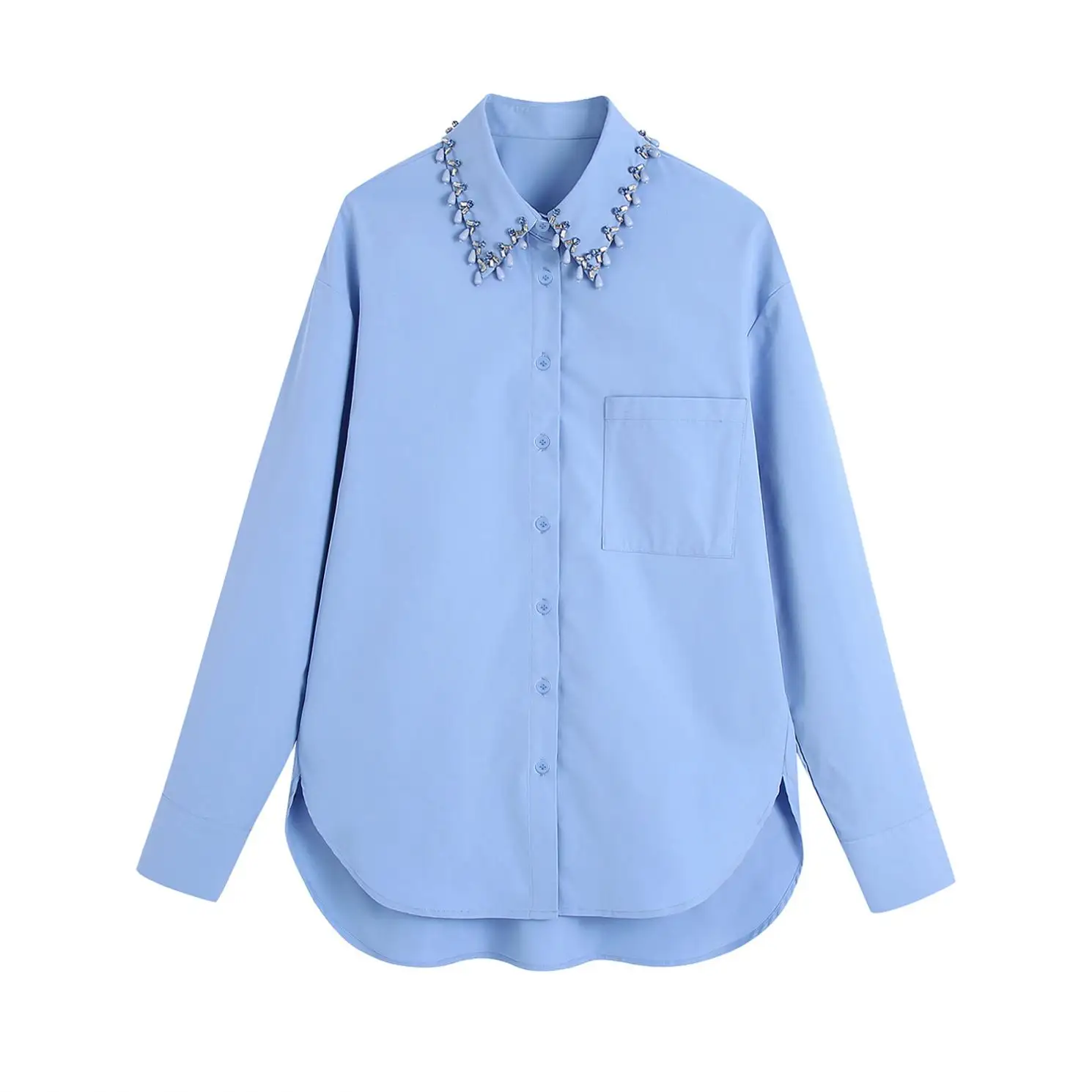 SH513 उच्च गुणवत्ता आकस्मिक महिला Beading के पीटर पैन कॉलर सुरुचिपूर्ण डिजाइन के साथ नीले रंग महिलाओं के बटन अप ब्लाउज शर्ट जेब