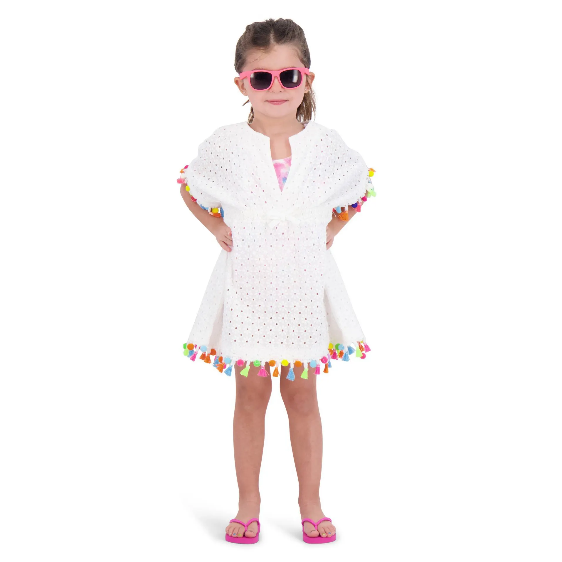 Vestidos coreanos de algodón para niñas pequeñas de 6 a 14 años, con ojal, borla colorida, en la parte inferior y el puño