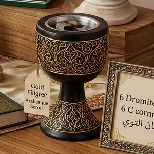 Quemador de Incienso de Metal con Filigrana Dorada y Diseño Arabesco, con Soporte para Carbón sin Humo, Aroma a Oud, Portátil, Tamaño Personalizado y Forma Redonda - Product Image 1