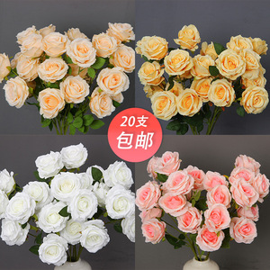 Roses artificielles 20 pièces, fleurs en soie crème, blanches et roses, décoration de mariage, style européen, arrangement de bouquet - Product Image 1