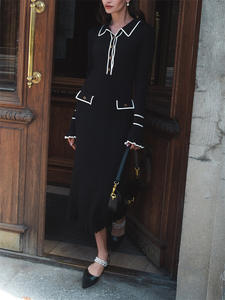 Abito Lungo <span class=keywords><strong>in</strong></span> <span class=keywords><strong>Maglia</strong></span> con Colletto Rovesciato, Maniche Lunghe a Campana, Stile Casual Personalizzabile con Logo o Design ODM per Donna - Product Image 5