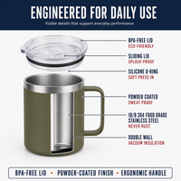 Mug à café isotherme en acier inoxydable de 12 oz avec poignée, gobelet de voyage portable à double paroi pour le camping, maintien thermique de 6 à 12 heures
