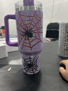 40オンスステンレス鋼真空フラスコゴーストスカルグリッターラインストーンタンブラーハロウィーンクモカボチャカップストロー付き - Product Image 3