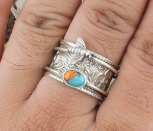 Wholesale Sterling Silver Spiny Oyster <b>Turquoise</b> Classic Vintage Handcrafted Bee <b>Ring</b> for Women Boho Ethnic Party Wedding - Product Image 1