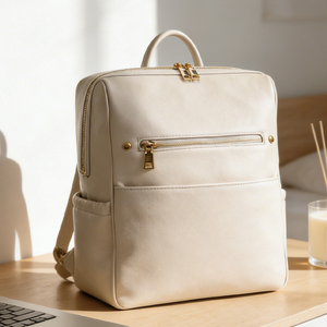 Sac à dos pour femme en cuir PU crème doux de style minimaliste français avec quincaillerie dorée et plusieurs poches pour le campus, les trajets quotidiens et les voyages - Product Image 1