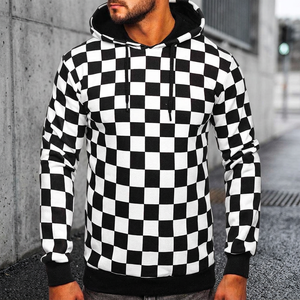Sudadera con capucha a cuadros blancos y negros para hombre, de manga larga, estilo urbano. - Product Image 4
