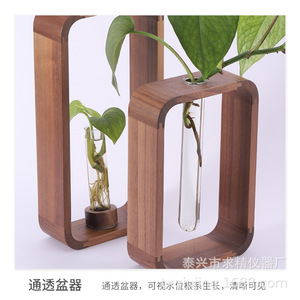 Walnut Wood Glass Hydroponic Planter Desktop Decoration Plant Growing Vase - Product Image 3
