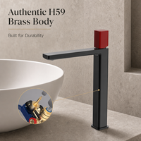 Keran Wastafel Kamar Mandi Hitam Poles, Tuas Tunggal, Tinggi, Model Vessel Sink, Terpasang di Dek, Inti Katup Keramik Merah