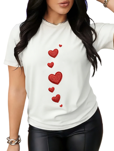 T-Shirt da Donna a Maniche Corte per San Valentino con Motivo a Cuori, Collo Tondo, Top Casual Traspirante in Jersey di Cotone Leggero - Product Image 1