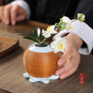Bamboo Woven Porcelain Vase Octopus Shape Asian Zen Style Decorative Flower Pot For Living Room - Product Image 4