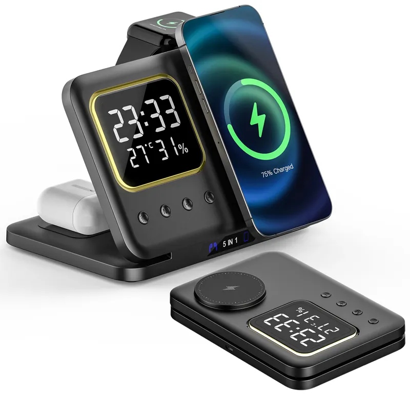 Multifunctional Alarm Clock 5 In 1 Wireless Charger For Iphone 15 14 13 12 Apple Watch Airpods 2 3 Pro