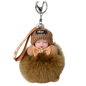 Neue niedliche schlafende Baby puppe Real Fox Pelz Ball Schlüssel anhänger Auto Schlüssel ring Frauen Schlüssel halter Tasche Anhänger Charm Schlüssel bund