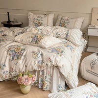 Baumwoll-Bettwäsche Rüschen-Bettbezug-Set Blumendruck Romantischer Prinzessinnen-Stil Spitzen-Bettwäsche-Set mit Rüschen und Reißverschluss