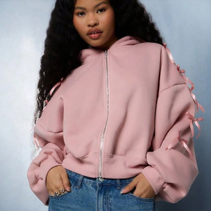 เสื้อฮู้ดแฟชั่นผ้าฝ้ายโอเวอร์ไซส์แบบซิปผูกโบว์ทรงโอเวอร์ไซส์สำหรับฤดูใบไม้ผลิฤดูใบไม้ร่วง - Product Image 4