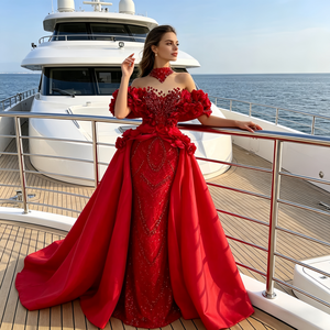 Wine <strong>Red</strong> <strong>Sequined</strong> A-Line Floral Shoulder Two-Piece Evening Dresses Crystals Formal Long Prom 2026 Customized Night Party Robe - Product Image 4