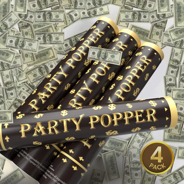 Cañón de fiesta de Oro Negro papel billete de dólar confeti Popper Cannon para Casino juego de cumpleaños temático despedida de soltera decoración KD169