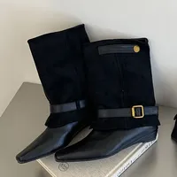 Nouvelles Bottines Femme à Talons Compensés Bas, Style Punk, avec Empiècements Unis, Bout Pointu et Boucle de Ceinture Vintage