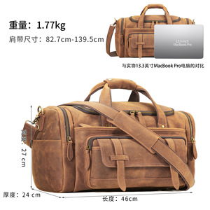 Bolsa de viaje de cuero Dujiang Crazy Horse para hombre, de gran capacidad, informal, para negocios, color marrón sólido. - Product Image 5