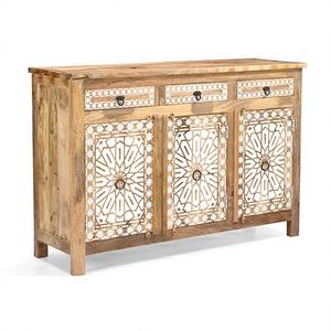 Mesita de Noche de Madera de Mango Tallada a Mano - Gabinete de Estilo Étnico con Motivo Floral, Almacenamiento Tradicional Indio para Dormitorio - Product Image 1