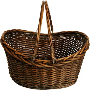 中号深棕色手工编织柳树野餐篮，带储物手柄-柳条复活节篮子-野餐篮