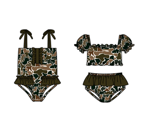 Traje de Baño Infantil Personalizado de Primavera/Otoño, Estampado de Camuflaje, Transpirable, de Algodón y Elastano, con Volantes, Ropa a Juego para Hermanas - Product Image 1