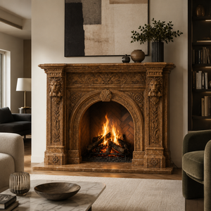 Chimenea Tradicional de Mármol con Acabado en Madera Roja y Tallados de Leones, para Leña, para Interiores, Sala de Estar - Product Image 1