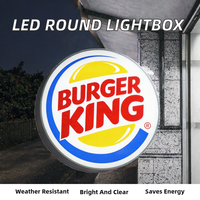 Boîte lumineuse publicitaire ronde en verre trempé en alliage d'aluminium, réglage manuel de la luminosité, résistante à l'eau, résistante aux intempéries, murale