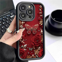 Coque de téléphone portable antichoc en TPU avec motif papillon et rose rouge, style objectif d'appareil photo, pour iPhone 12 13 14 15 16 17 18 Pro Max