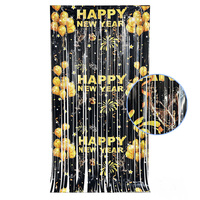 Rideau à franges en feuille d'aluminium noir et or, motif Joyeux Nouvel An, 1x2m, rideau à pompons, toile de fond pour fête du Nouvel An, décoration de photomaton