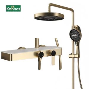 Système de douche thermostatique en or brossé, colonne de douche avec jet de pluie de 12 pouces, cascade, noyau de valve en céramique, jet doux - Product Image 1