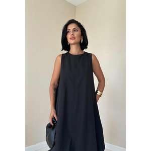 เดรสทรงเอไลน์สีดำ คอโอ ทรงหลวม เอวผูก ผ้าทอ ระบายอากาศได้ดี ชุดลำลองใส่ได้ทุกวัน - Product Image 3