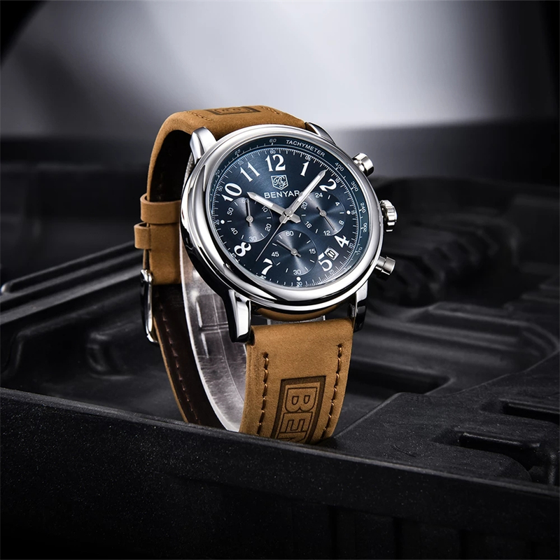 New BENYAR Top Brand Leather Men Quartz Wristwatches Waterproof Chronograph Men Sports Watch for Men Reloj hombre