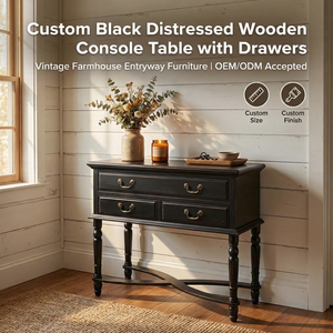 Consolle <span class=keywords><strong>in</strong></span> <span class=keywords><strong>Legno</strong></span> Nero Invecchiato Personalizzata con 3 Cassetti, Tavolo Vintage Stile Fattoria per Ingresso, Soggiorno e Sala da Pranzo - Product Image 1