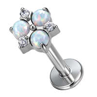 G23 ASTM F136 Titanium Tiga Bunga Opal Simulasi CZ Labret Stud Berulir Internal untuk Tindik Tulang Rawan Helix Berlapis Emas